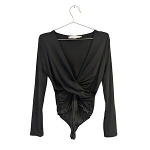 ASTR The Label Bodysuit Long Sleeve Twist Front Faux Wrap Cut Out Ribbed Black M